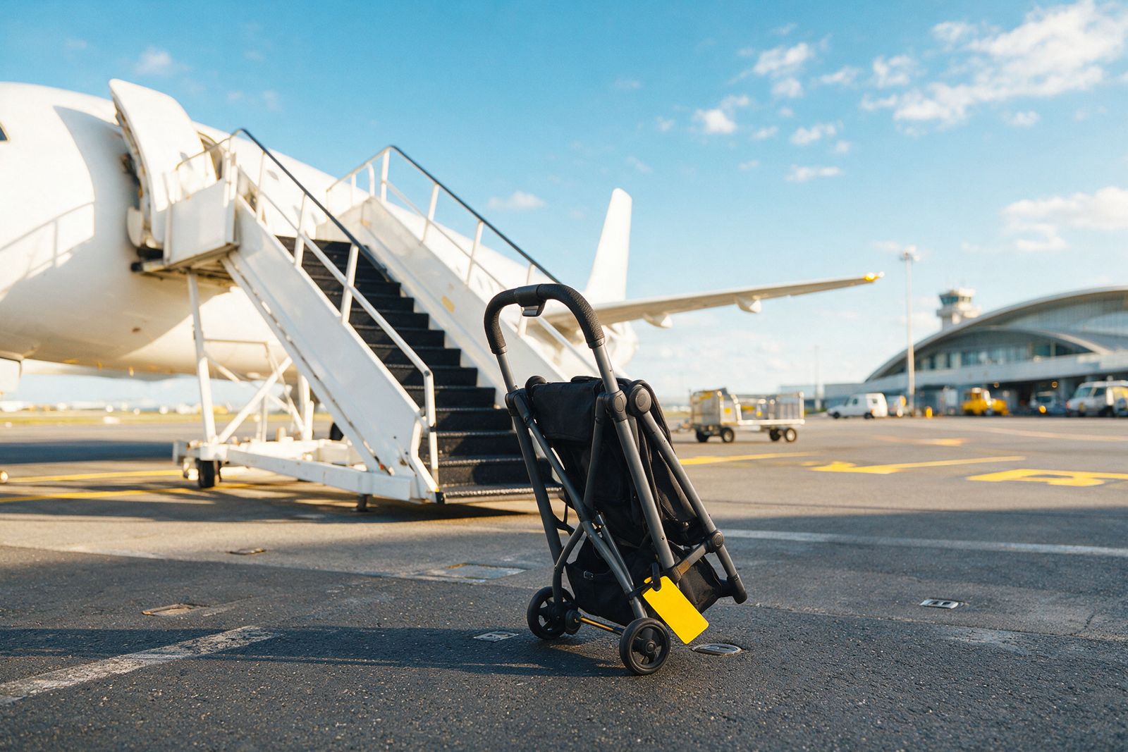 Ingeklapte buggy met geel label bij de vliegtuigtrap op een zonnig platform